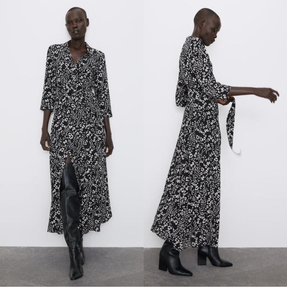 Zara black and cream cheetah print belted midi maxi button down shirt dress